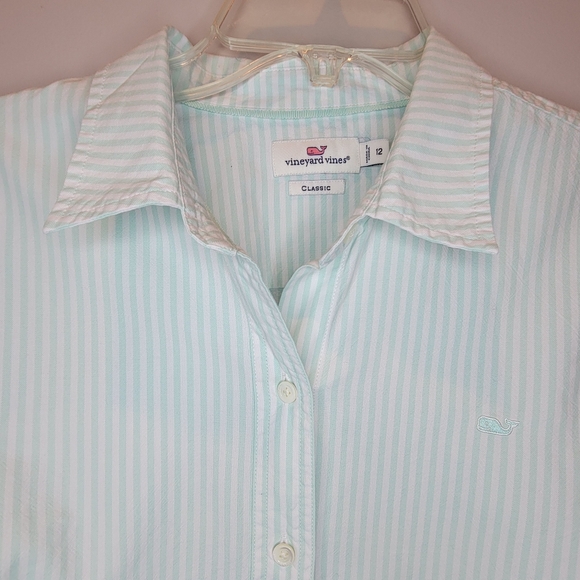 Vineyard Vines women's classic button striped shirt sz 12 green aqua white - Picture 1 of 6